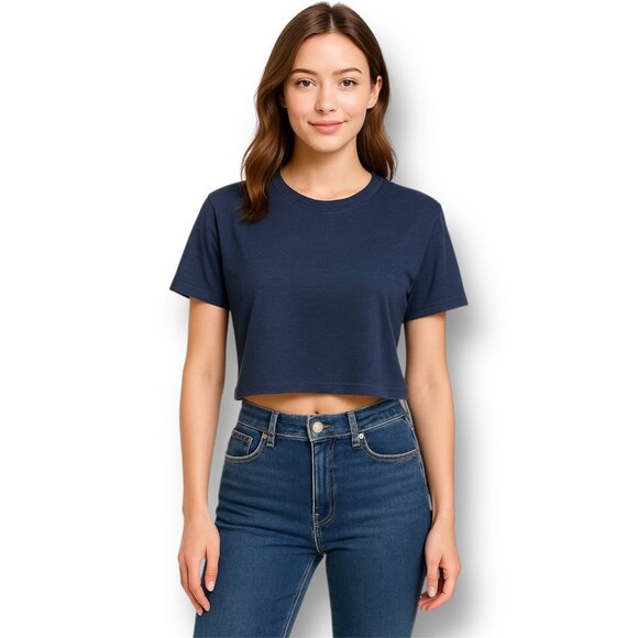 Grey Lab Anthropologie Navy Blue Crop Top Minimalist Cotton Tee Womens Sz Large - Picture 1 of 6